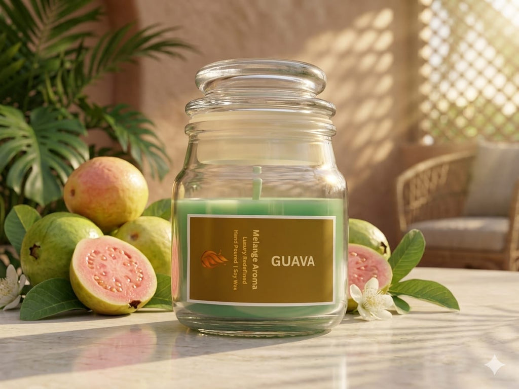 Guava Gateway scented soy wax candle by Melange Aroma, featuring a clean burn and premium tropical fragrance oils, beautifully displayed on a bright summer backdrop.