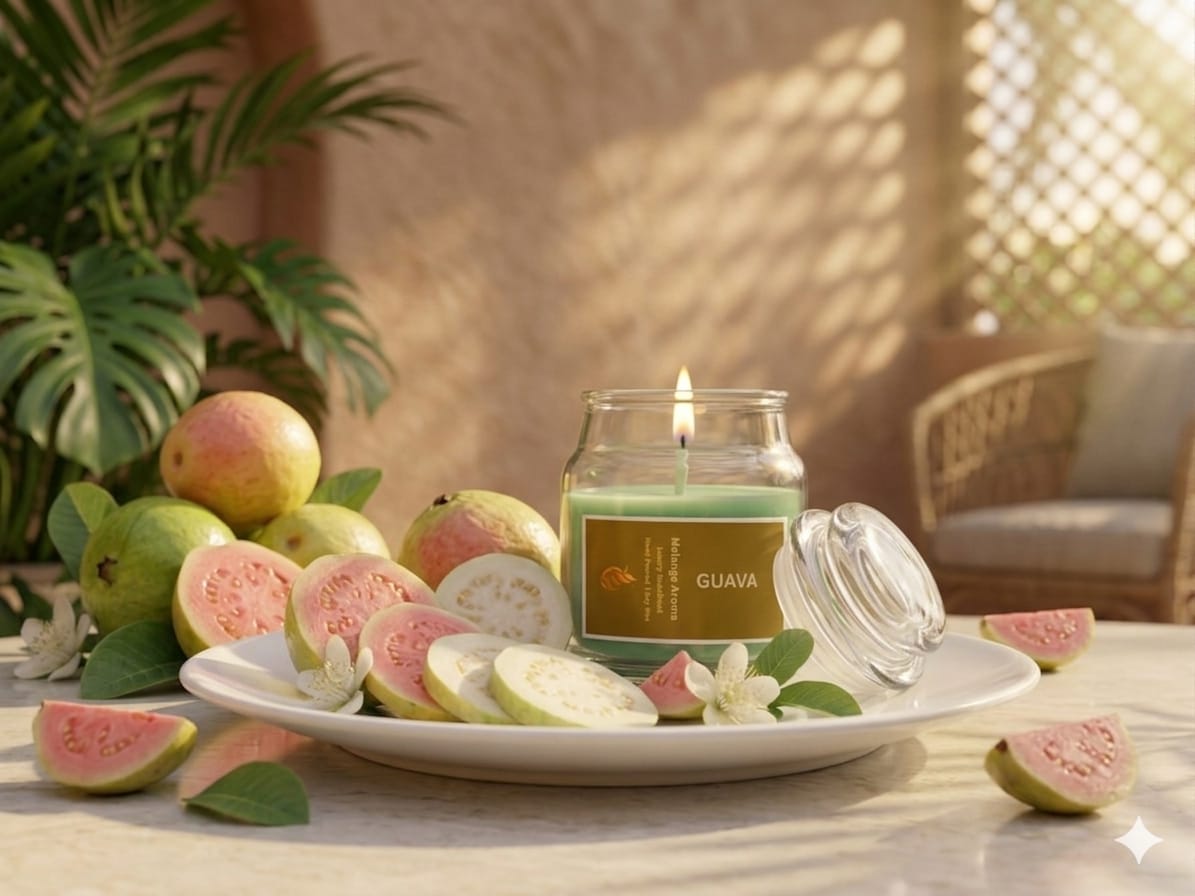 A lit Melange Aroma Guava Gateway soy wax candle casting a warm glow in a vibrant, sunlit room, diffusing a premium tropical fruit fragrance for a refreshing mood.