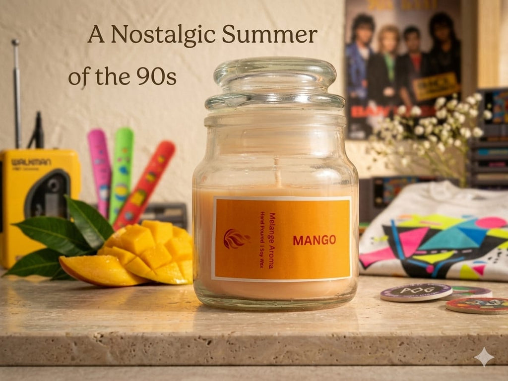 Velvet Mango soy wax candle by Melange Aroma, showcasing its premium fragrance blend in an elegant jar against a backdrop of fresh, sliced tropical mangoes.