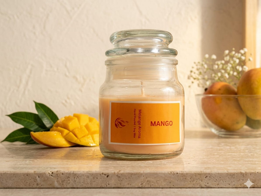 Close-up of the elegant product label on the Velvet Mango candle by Melange Aroma, highlighting the clean pool of hand-poured soy wax