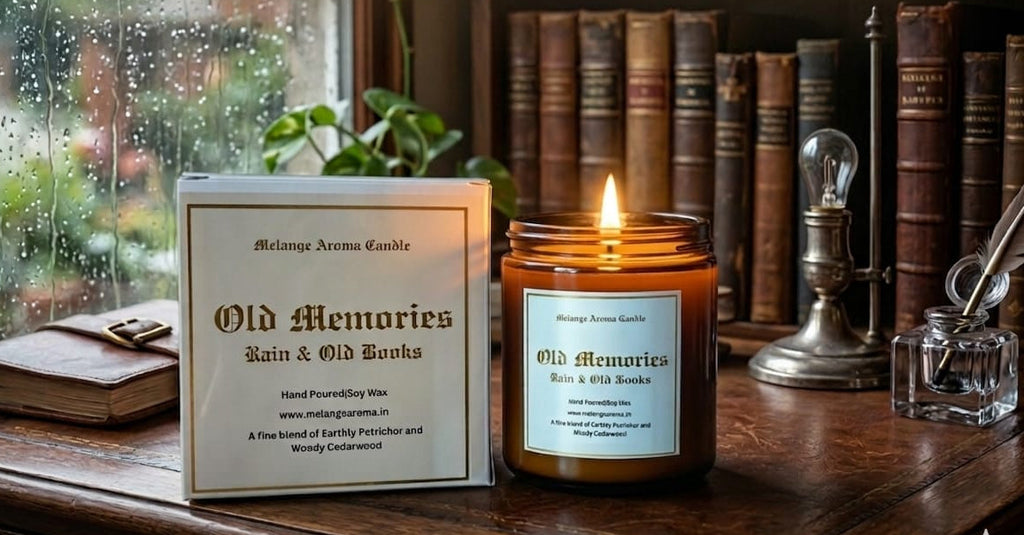 Old Memories hand-poured soy wax candle by Melange Aroma, featuring a vintage-inspired label for the Rewinding Old Time premium fragrance collection.