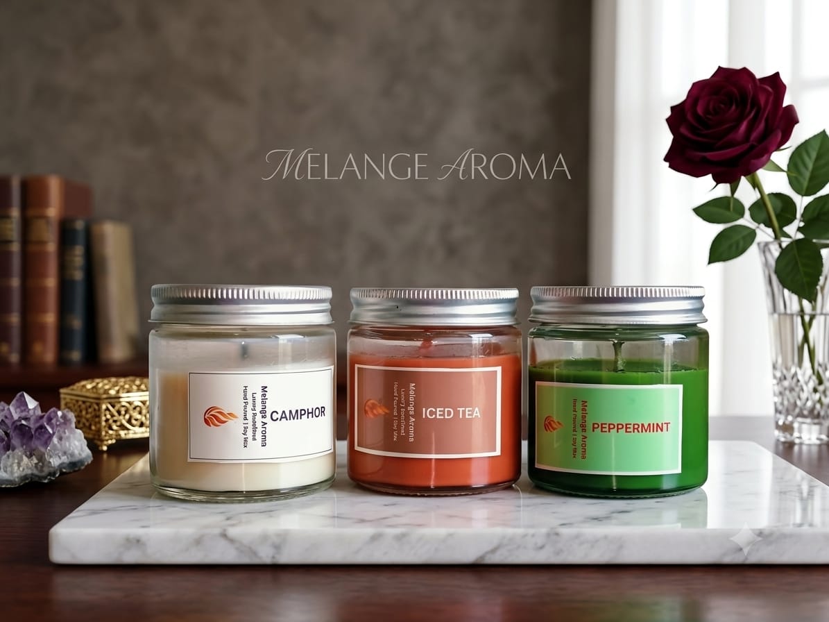 A curated trio of Melange Aroma Freshness candles styled on a wooden tray with fresh mint leaves and a glass of iced tea.