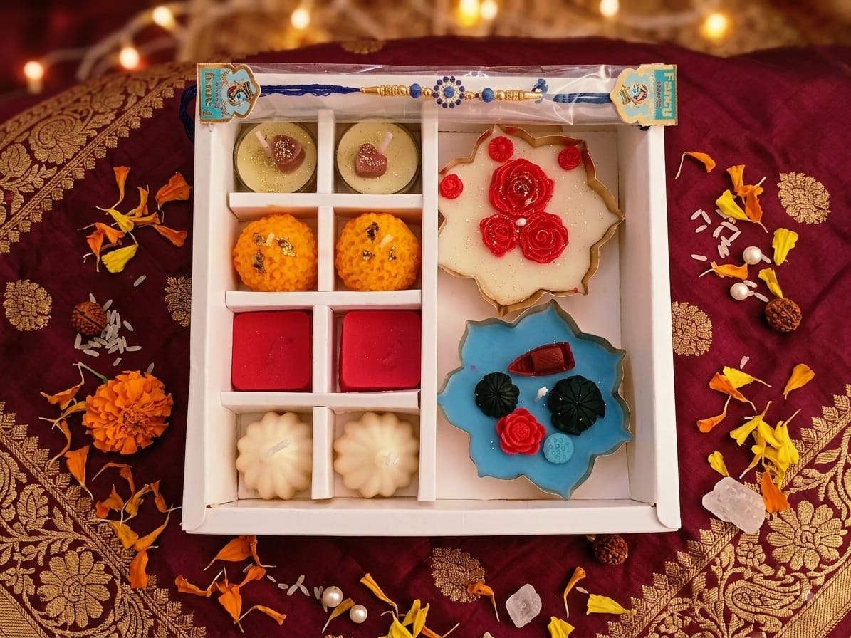 Rakhi Utsav gift hamper featuring soy candles, sweets, rakhi and urli candle