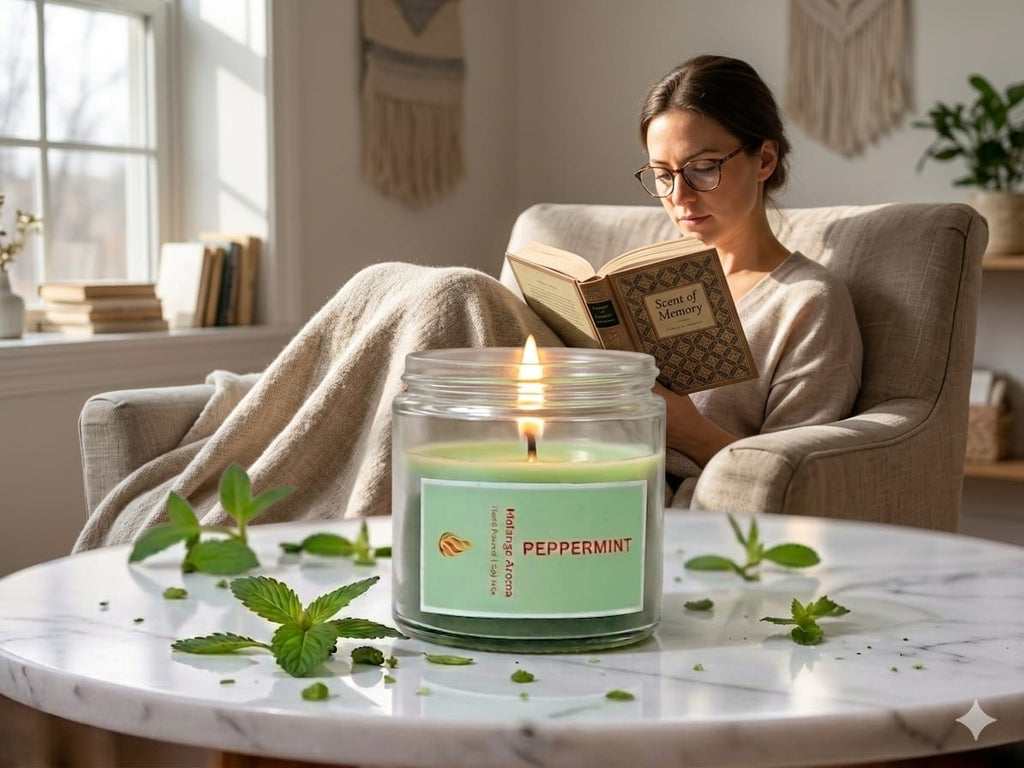 Woman reading a book with a lit peppermint candle on a marble table in a cozy room.