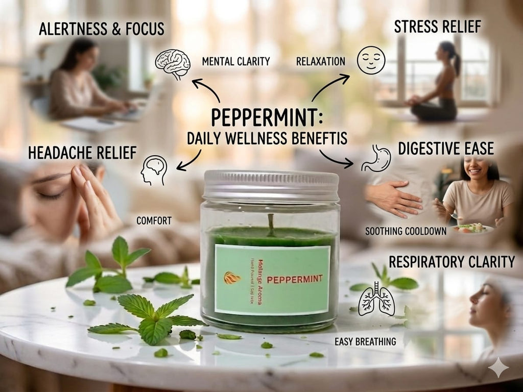 Peppermint candle with wellness benefits on a blurred background of people relaxing.
