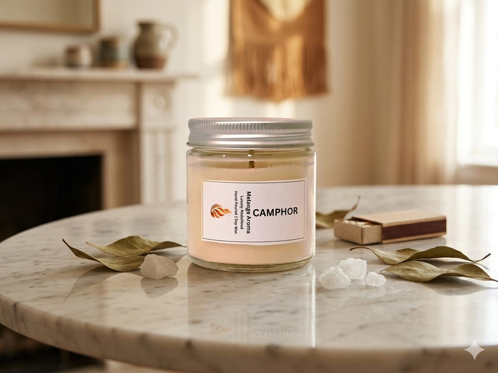 Vedic Vapor Camphor scented candle by Melange Aroma, elegantly presented in its signature jar against a clean, serene backdrop with subtle traditional elements.