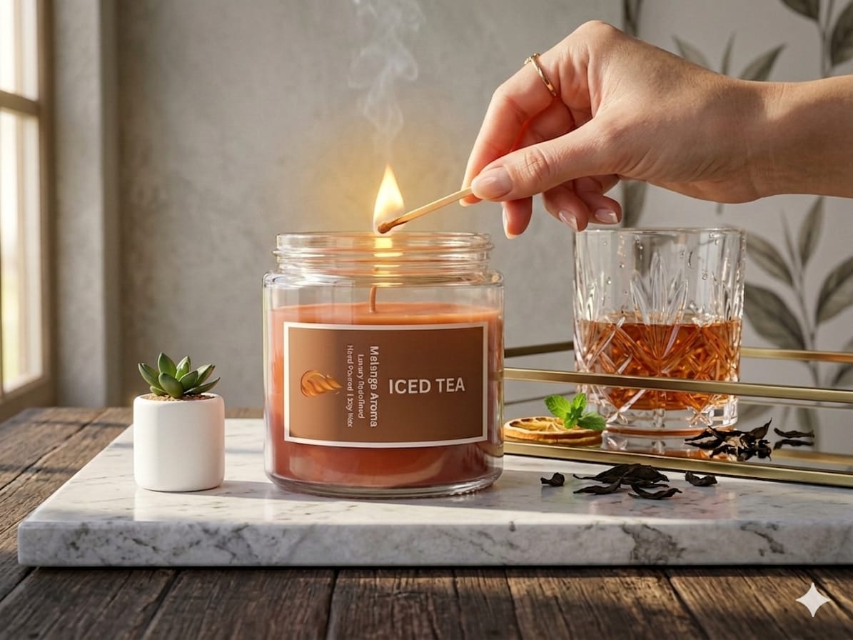 A lit Melange Aroma Iced Tea Symphony soy wax candle casting a warm glow on a marble table, creating a refreshing and nostalgic atmosphere.