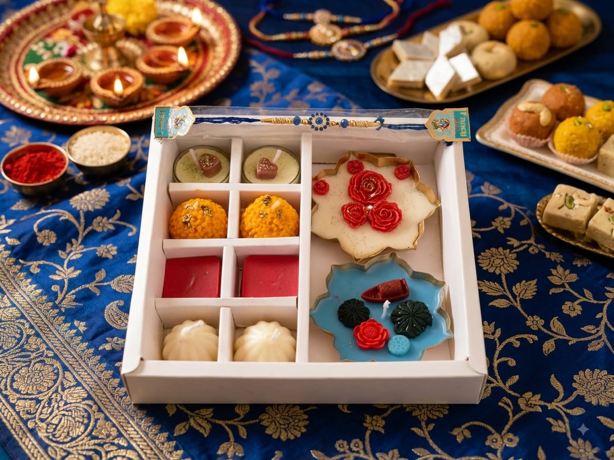 Rakhi Utsav Hamper | Candles, Sweets, Rakhi & Urli Gift Set