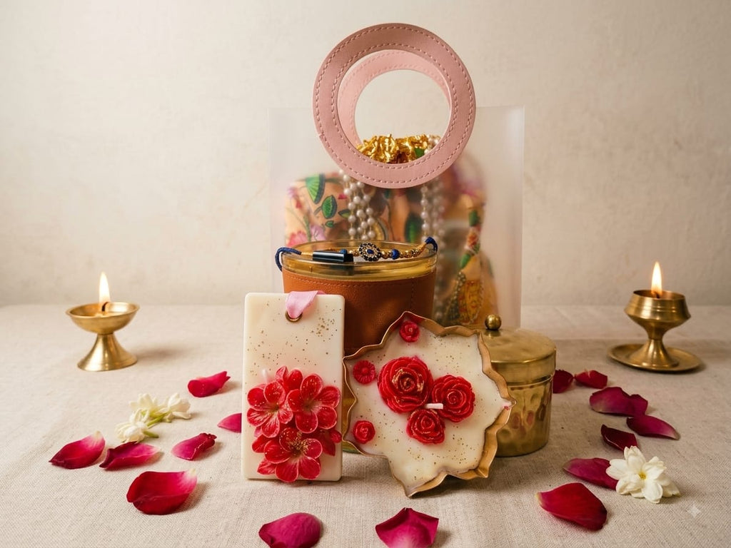 Sneh Potli Rakhi gift hamper with scented candle and urli candle for gifting