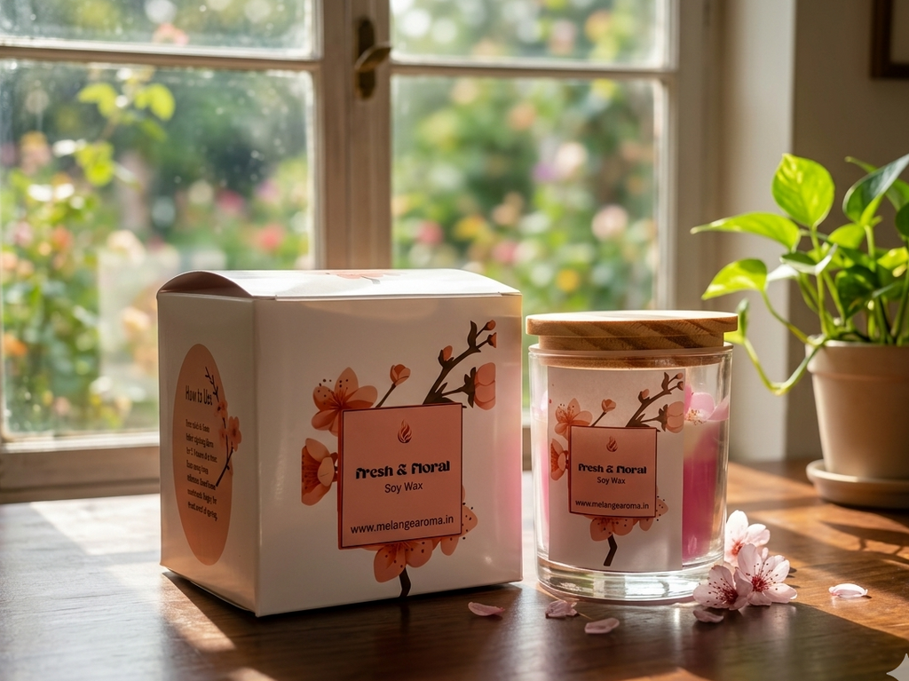 Fresh and Floral premium fragrance candle by Melange Aroma, hand-poured in a natural soy wax blend, displayed beautifully with delicate botanical petals.