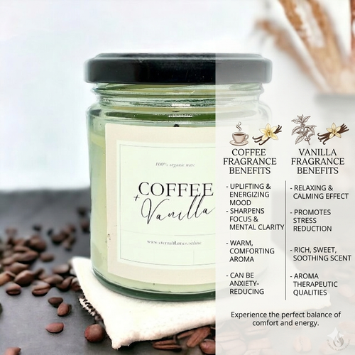 Close-up of the Vanilla & Coffee Brew candle label on a wooden table
