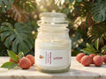 Velvet Litchi premium jar candle by Melange Aroma, beautifully styled on a modern countertop alongside peeled exotic litchi fruits.