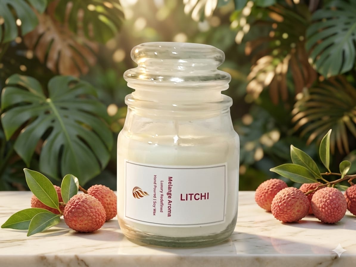 Velvet Litchi premium jar candle by Melange Aroma, beautifully styled on a modern countertop alongside peeled exotic litchi fruits.